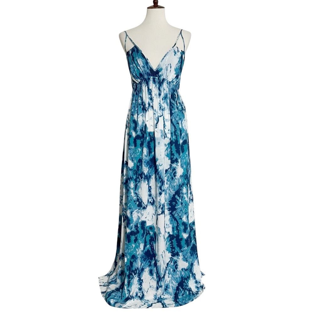Om + Nadis Blue White Tie Dye Maxi Dress Small V-Neck Smocked Waist Side Slits